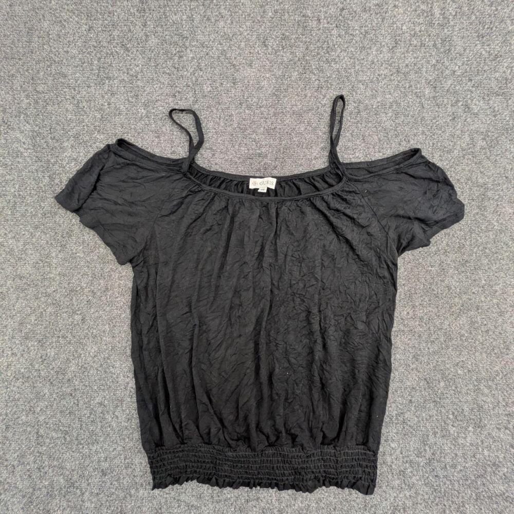 Guess Top Womens M Black Cold Shoulder Gathered Neck Banded Hem Strappy Blouse